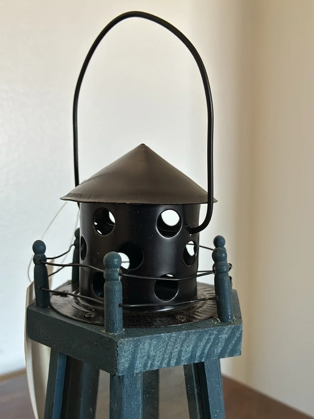 BNIB- Hand Painted- Blue Wood & Wire Lighthouse Candle Holder